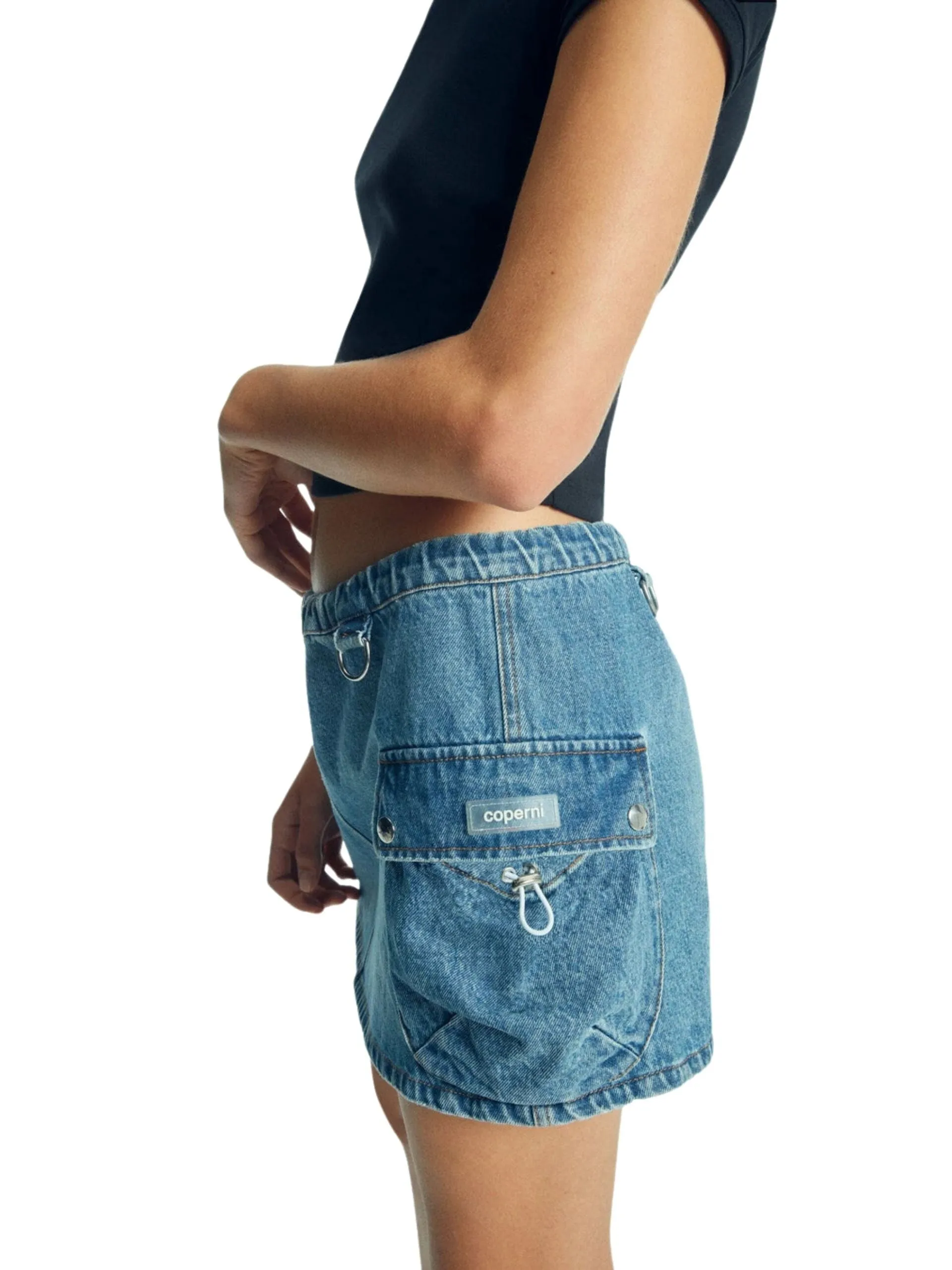 Woven Denim Cargo Skirt / Washed Blue